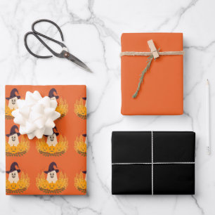 Spooky Cute Ghost And Pumpkins Autumn Wreath Wrapping Paper Sheets