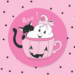 Spooky Cute Ghost Black Cat Pink Halloween Sticker