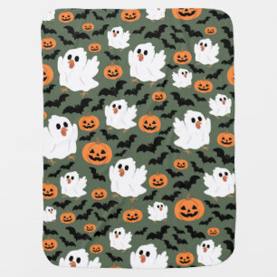 Spooky Cute Ghost Chickens with Pumpkins and Bats Baby Blanket