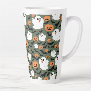 Spooky Cute Ghost Chickens with Pumpkins and Bats Latte Mug