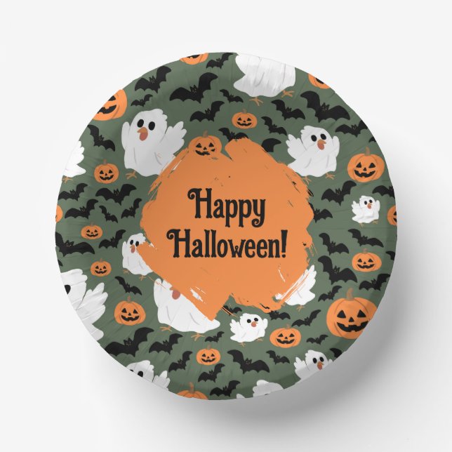 Spooky Cute Ghost Chickens with Pumpkins and Bats Paper Bowls (Front)