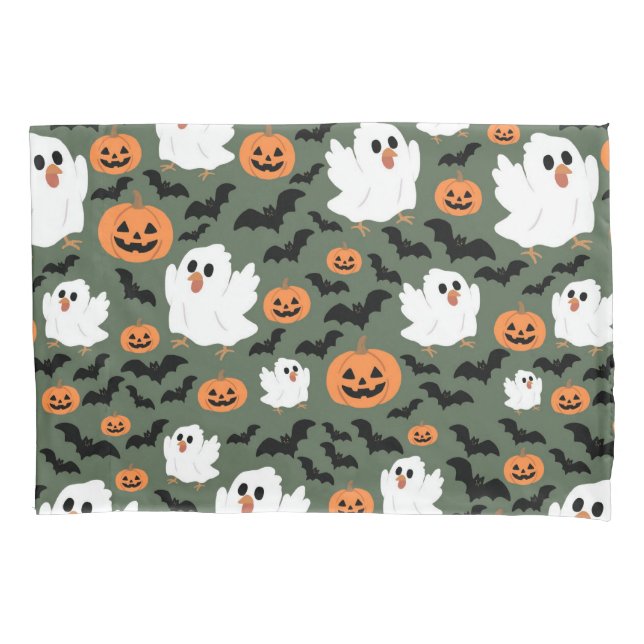Spooky Cute Ghost Chickens with Pumpkins and Bats  Pillow Case (Front)