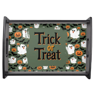 Spooky Cute Ghost Chickens with Pumpkins and Bats Serving Tray