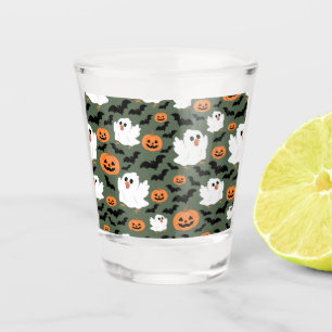 Spooky Cute Ghost Chickens with Pumpkins and Bats  Shot Glass