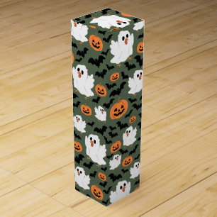 Spooky Cute Ghost Chickens with Pumpkins and Bats Wine Box
