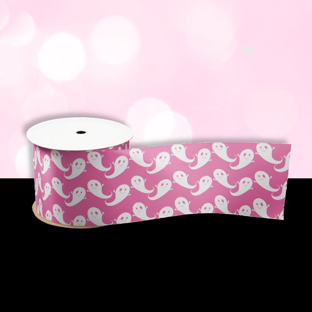 Spooky Cute Ghost Pattern Pink Halloween Ribbon (Creator Uploaded)