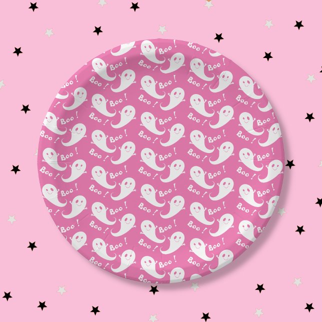 Spooky Cute Ghost Pattern Pink Paper Plate (Spooky Cute Ghost Pattern Pink Halloween Paper Plate .)