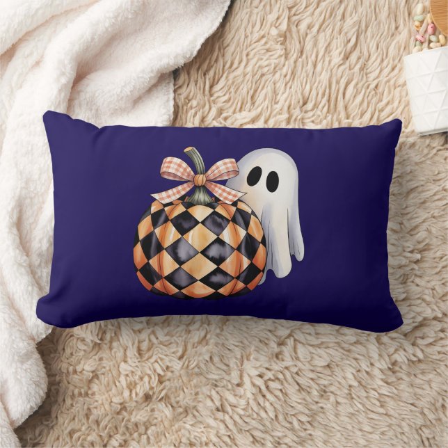 Spooky Cute Ghost Peek Halloween T-Shirt, Checkere Lumbar Pillow (Blanket)