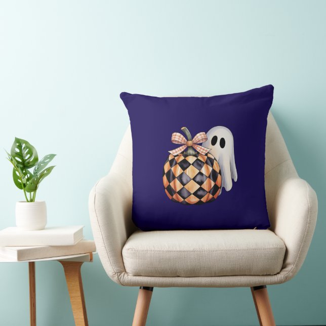 Spooky Cute Ghost Peek Halloween T-Shirt, Checkere Throw Pillow (Chair)