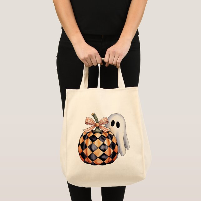Spooky Cute Ghost Peek Halloween T-Shirt, Checkere Tote Bag (Front (Product))