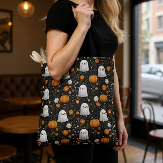 Spooky Cute Ghost & Pumpkin Pattern Halloween Tote Bag