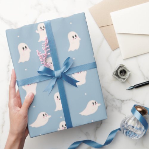 Spooky Cute Ghosts Blue Halloween Wrapping Paper