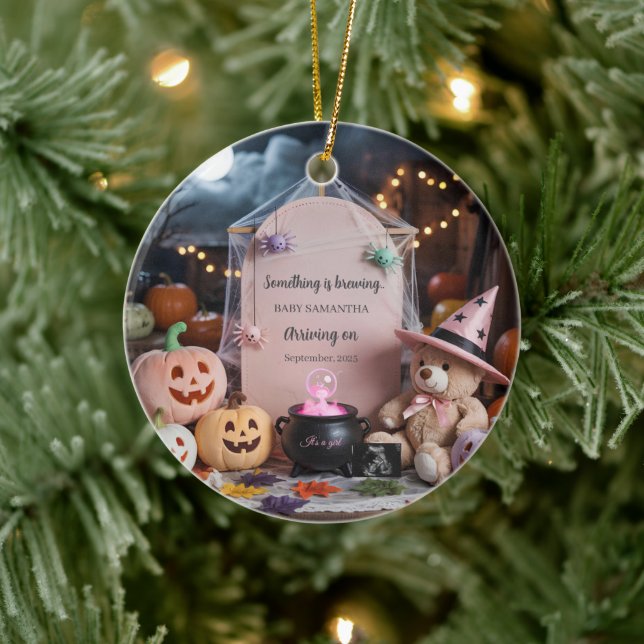 Spooky Cute Girl Halloween Pregnancy Announcement  Ceramic Ornament (Tree)