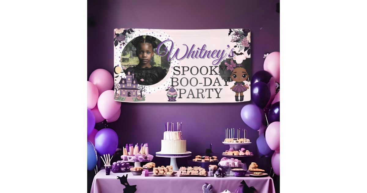 Puff Banner Spooky Cute gothic Purple Birthday girl afro-puff Banner | Zazzle
