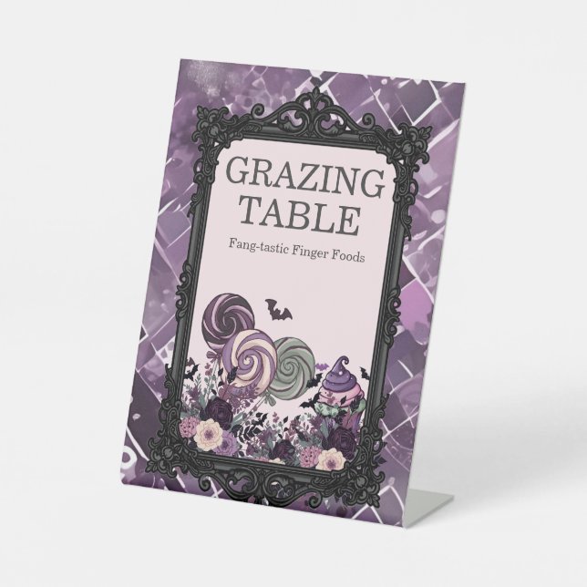 Spooky Cute Gothic purple Grazing Table Pedestal Sign (Front)