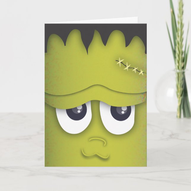 Spooky Cute Green Monster Head Halloween Card (Front)