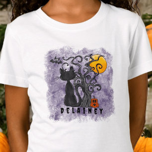 Spooky Cute Halloween Black Cat Bat Name Purple T-Shirt