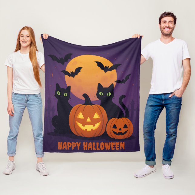Spooky Cute Halloween Black Cats and Pumpkins Cozy Fleece Blanket (In Situ)