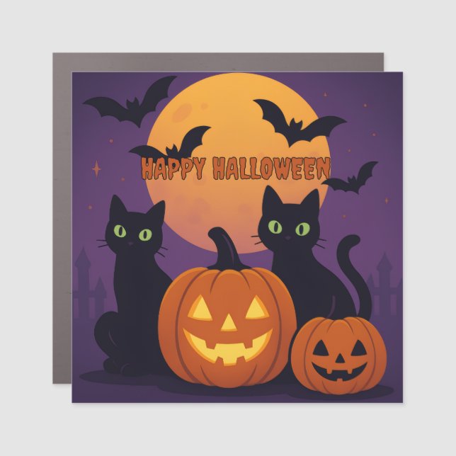 Spooky Cute Halloween – Black Cats & Pumpkins Car Magnet (Front)