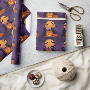 Spooky Cute Halloween Black Cats & Pumpkins Wrapping Paper