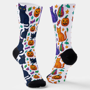 Spooky Cute Halloween Cat & Pumpkin Crew Socks