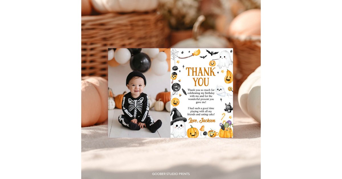 Spooky Cute Halloween Ghost Birthday Party Photo Thank You Card | Zazzle