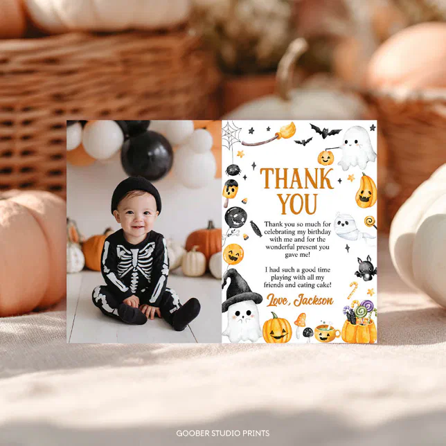 Spooky Cute Halloween Ghost Birthday Party Photo Thank You Card | Zazzle