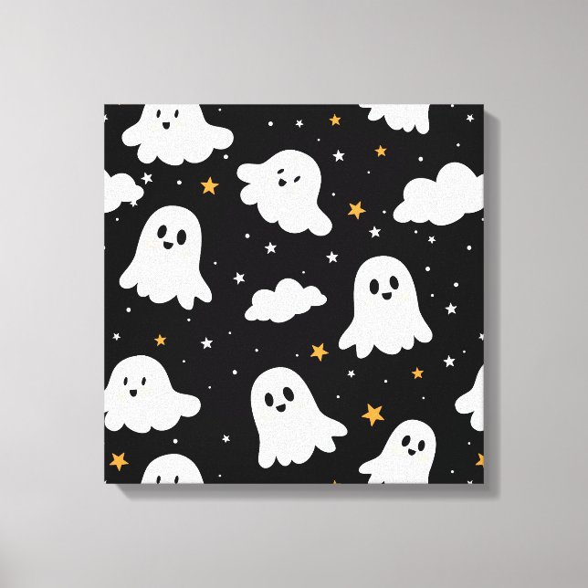 Spooky Cute Halloween Ghost Cloudy Star Sky Canvas Print (Front)
