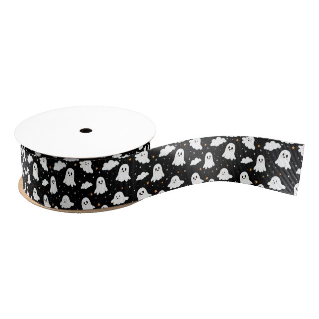 Spooky Cute Halloween Ghost Cloudy Star Sky Grosgrain Ribbon (Spool)