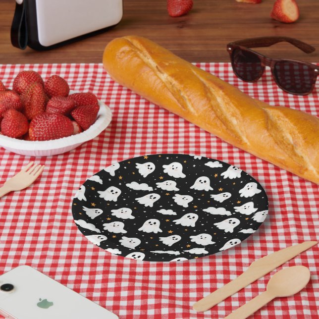 Spooky Cute Halloween Ghost Cloudy Star Sky Paper Plates (Picnic)