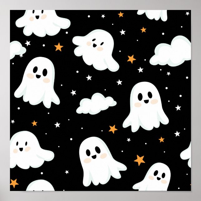 Spooky Cute Halloween Ghost Cloudy Star Sky Poster (Front)