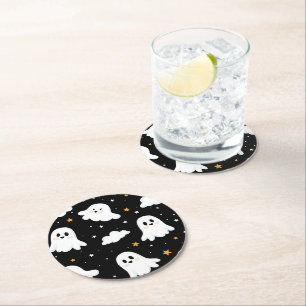 Spooky Cute Halloween Ghost Cloudy Star Sky Round Paper Coaster