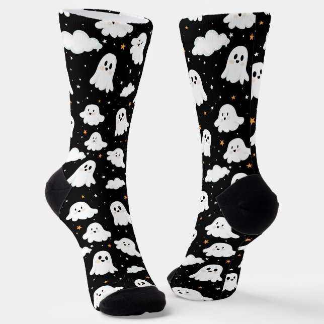 Spooky Cute Halloween Ghost Cloudy Star Sky Socks (Angled)