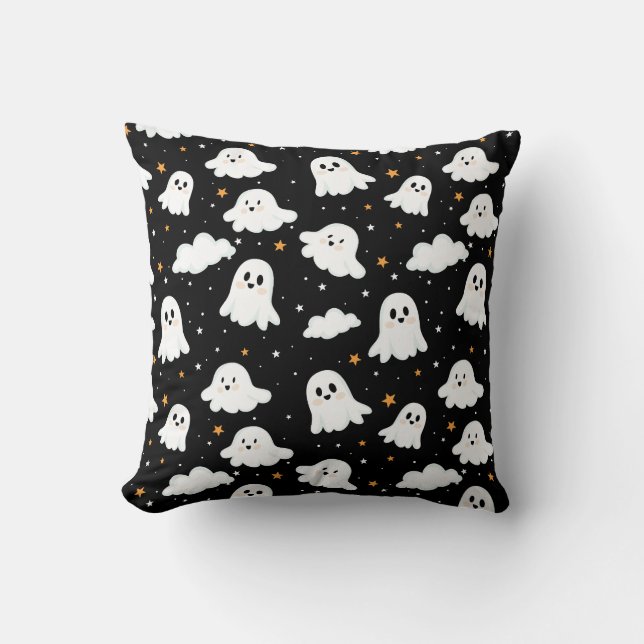 Spooky Cute Halloween Ghost Cloudy Star Sky Throw Pillow (Front)