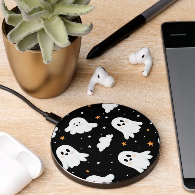 Spooky Cute Halloween Ghost Cloudy Star Sky Wireless Charger (Desk 2)