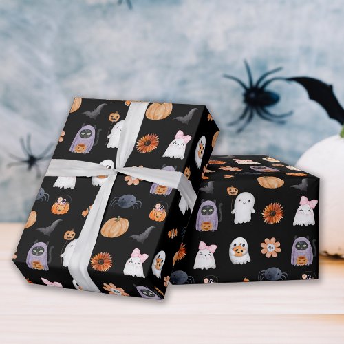 Spooky cute halloween ghost watercolor style black wrapping paper