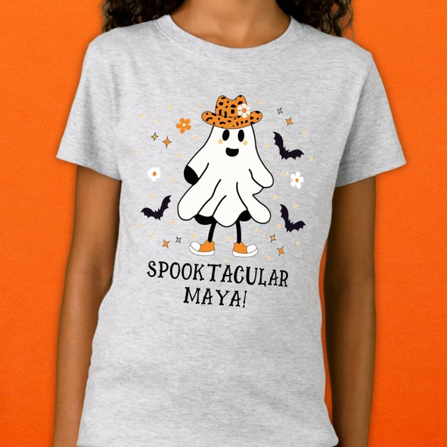 Spooky Cute Halloween Ghost with Name T-Shirt (Spooky Halloween tshirt for kids. Cute Whimsical Ghost with cowboy hat. Personalized Halloween gift)