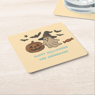 Spooky Cute Halloween – Ghosts, Bats & Candy Square Paper Coaster