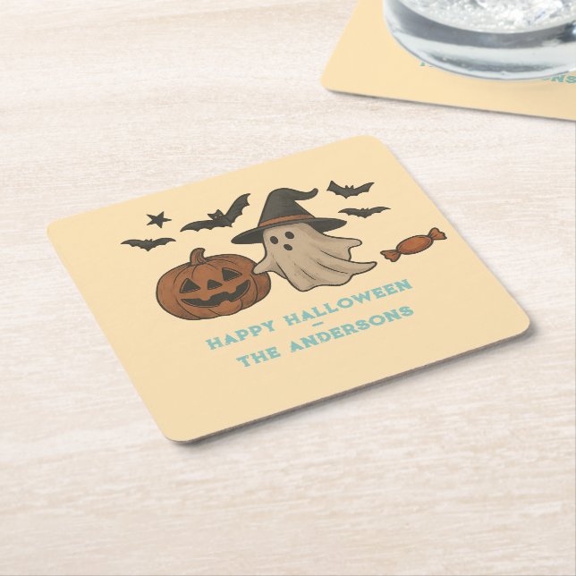 Spooky Cute Halloween – Ghosts, Bats & Candy Square Paper Coaster (Angled)