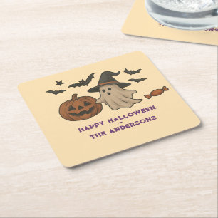 Spooky Cute Halloween – Ghosts, Bats & Candy Square Paper Coaster