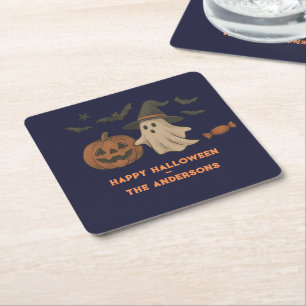 Spooky Cute Halloween – Ghosts, Bats & Candy Square Paper Coaster