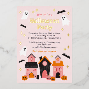 Spooky Cute Halloween Haunted Houses Foil Invitation