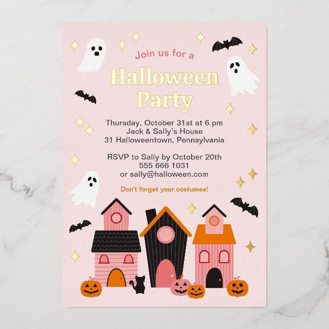 Spooky Cute Halloween Haunted Houses Foil Invitation (Front)