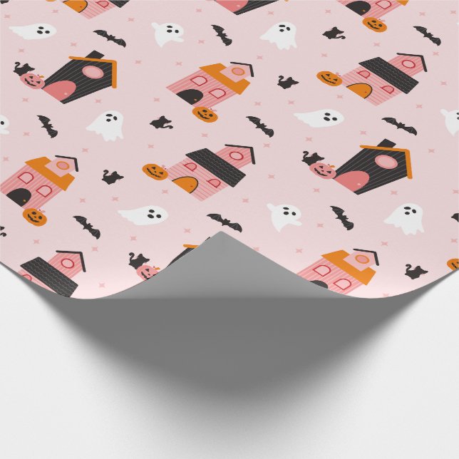 Spooky Cute Halloween Haunted Houses Pattern Wrapping Paper (Corner)