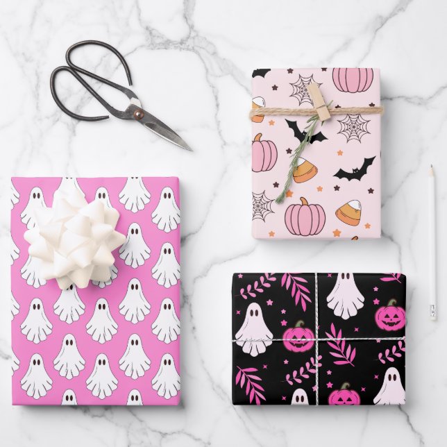 Spooky Cute Halloween Pink & Black Pattern Wrapping Paper Sheets (Front)