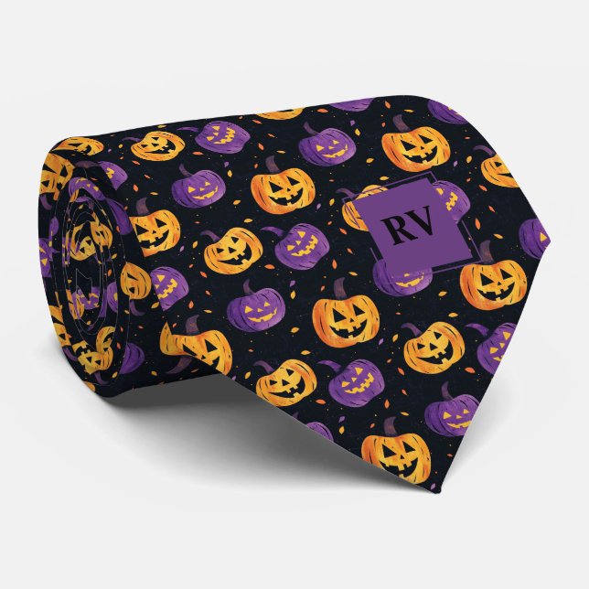 Spooky Cute Halloween Pumpkins Monogrammed Neck Tie (Rolled)