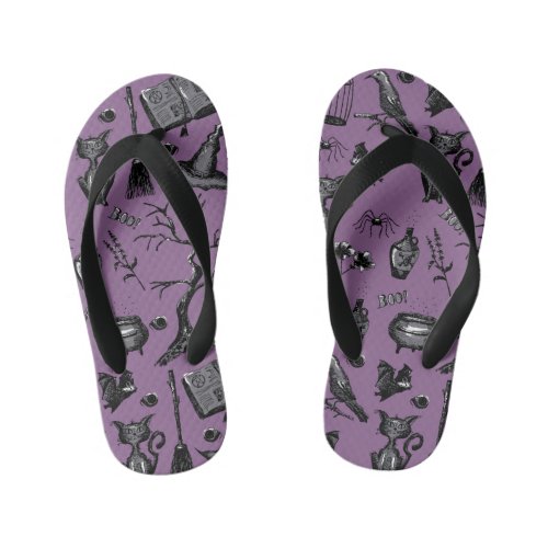 Spooky Cute Halloween PurpleBlack Hand_Drawn  Kids Flip Flops