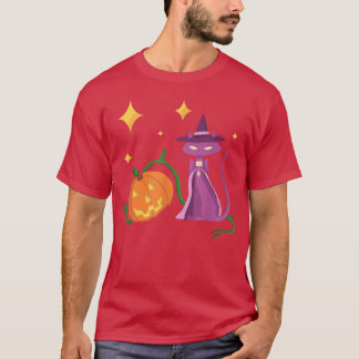 Spooky Cute Halloween Witch Cat and Pumpkin in Mid T-Shirt