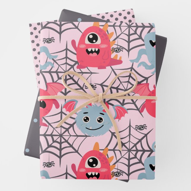 Spooky Cute Monsters Wrapping Paper Sheets (In situ)