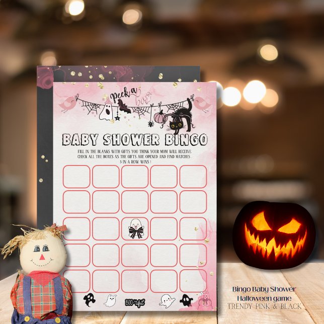 Spooky-Cute Pink Black Baby Shower Bingo Game Card (Spooky-Cute Pink & Black Baby Shower Bingo Game Invitation)